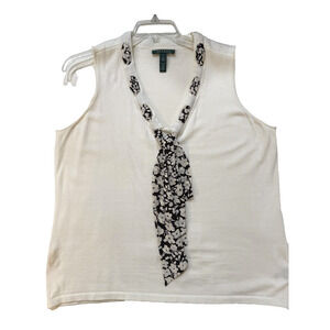 Lauren Ralph Lauren Top Women 1X White Black Floral Silk Scarf Accent Sleeveless